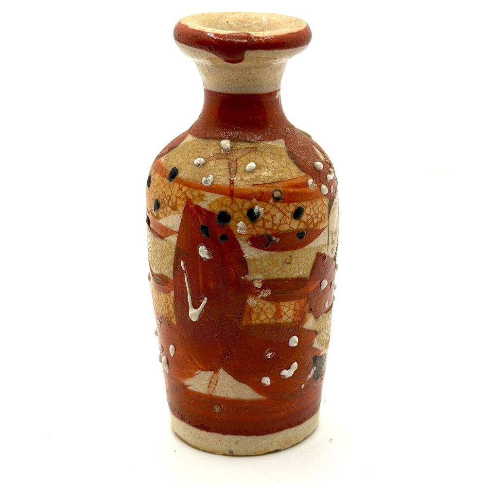 Vintage Early 1900s Japanese Red Tan Ceramic Hand Painted Miniature Bud Vase